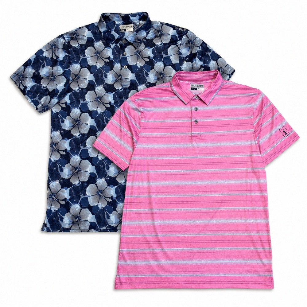 PGA Tour Golf Polo Shirt Lot of 2 Blue Floral Pink AOP Striped Mens Large